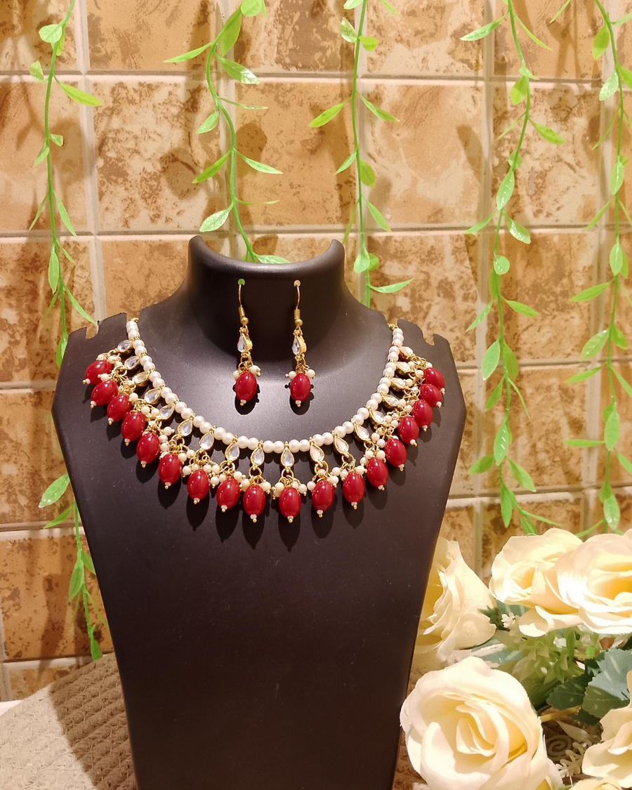 Maroon Beads & Kundan Necklace